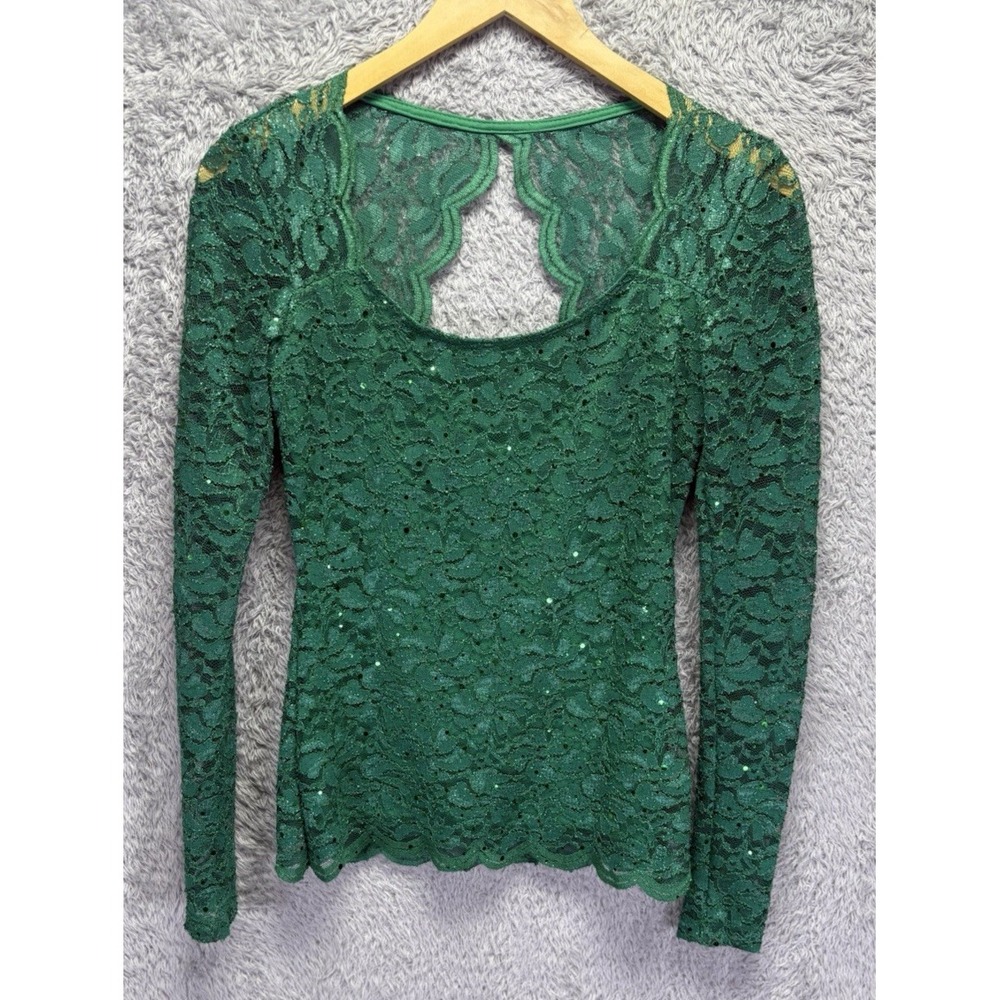 Boston Proper Womens XS Green Sequin Lace Top Open Back Shimmer Holiday Party